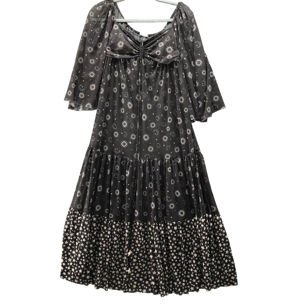 Dress To Mesh Maxi Dress Womens S Black Sun Moon Print Black Celestial Tiered